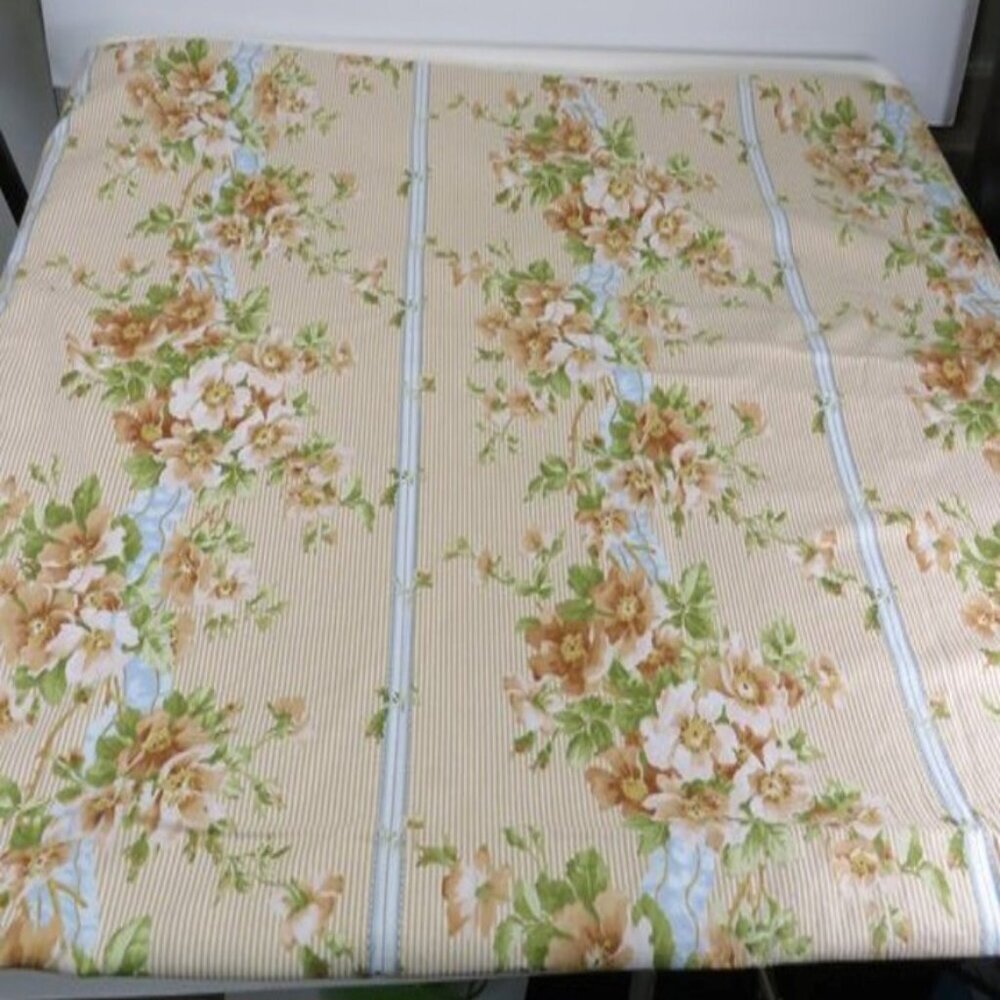Peachy Tan & Lt Blue Floral with strips FABRIC "Cottage Rose" 41" wide 2 yards